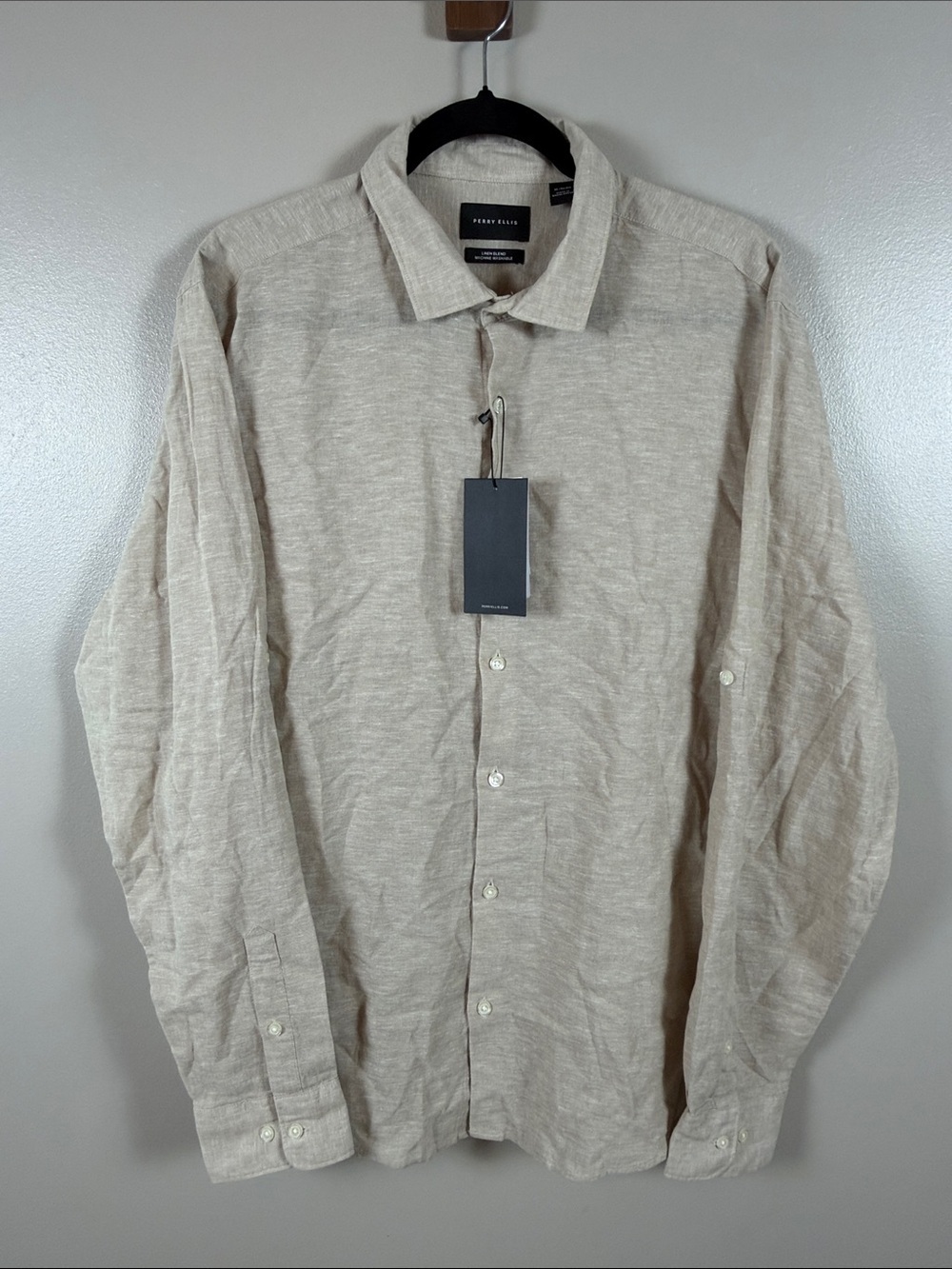 Perry Ellis Beige Linen-Blend Long Sleeve Button Shirt